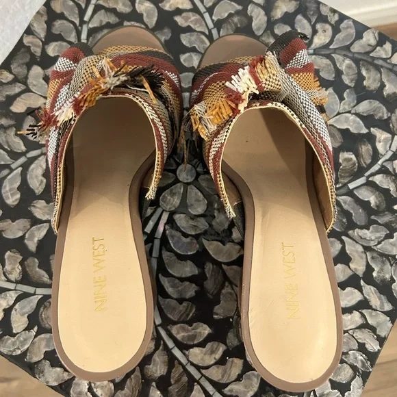 Bohemian woven fabric slides heels open toe mule Nine West Boho Earthy - Picture 4 of 7
